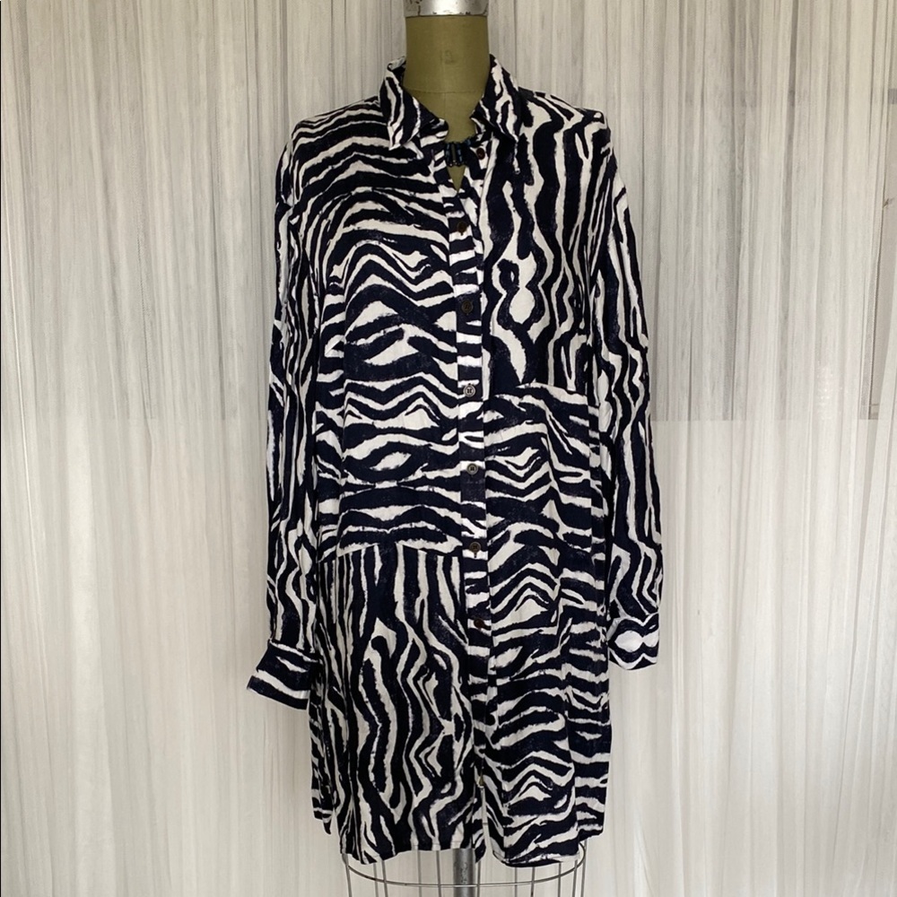 Tuzzi Zebra Print Long Sleeve Shirt Dress/Tunic 100% Viscose! Dark blue/White.